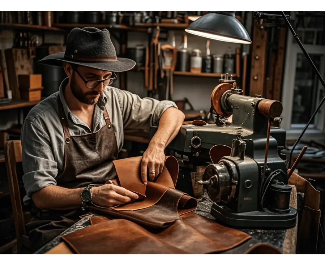 A skilled craftsman carefully working on handbag materials in a workshop, surrounded by tools and machinery.