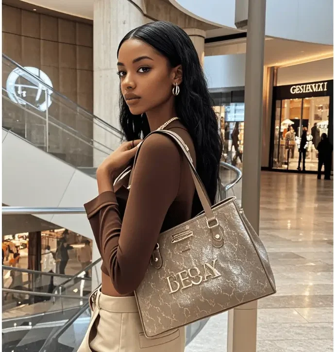 Elegant woman in a mall holding a gold-toned handbag, highlighting its chic design and sophisticated appeal.