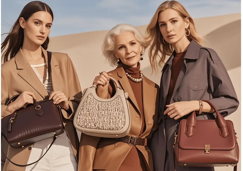 Three women of different generations displaying various elegant handbags in neutral tones, embodying classic and contemporary fashion.