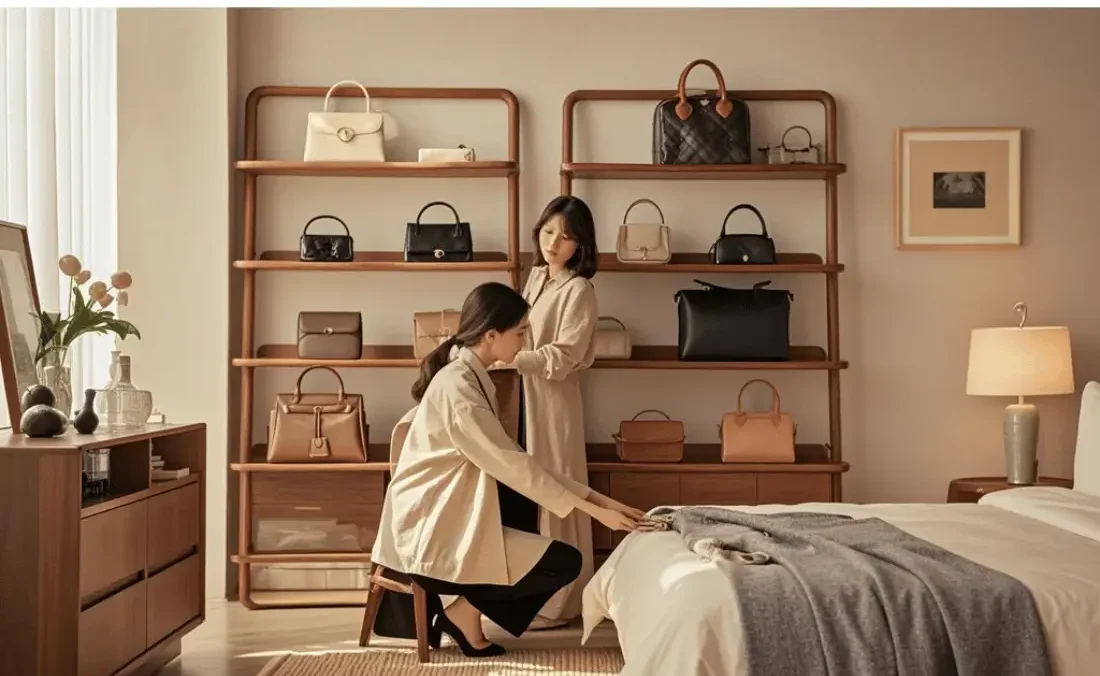 A collection of designer handbags displayed on elegant wooden shelves.