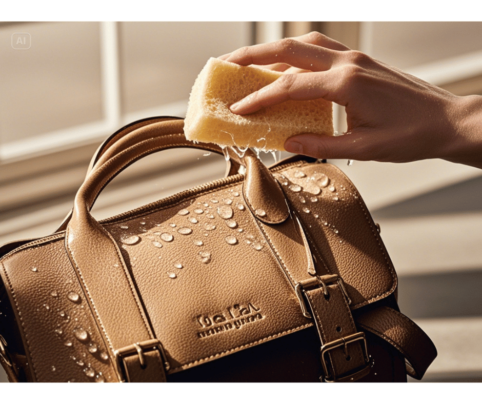 Gently wiping the surface of a leather handbag to remove stains.