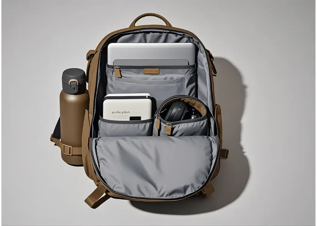 Open view of a backpack featuring neatly arranged items, including a water bottle, laptop, and headphones, ideal for organized storage.