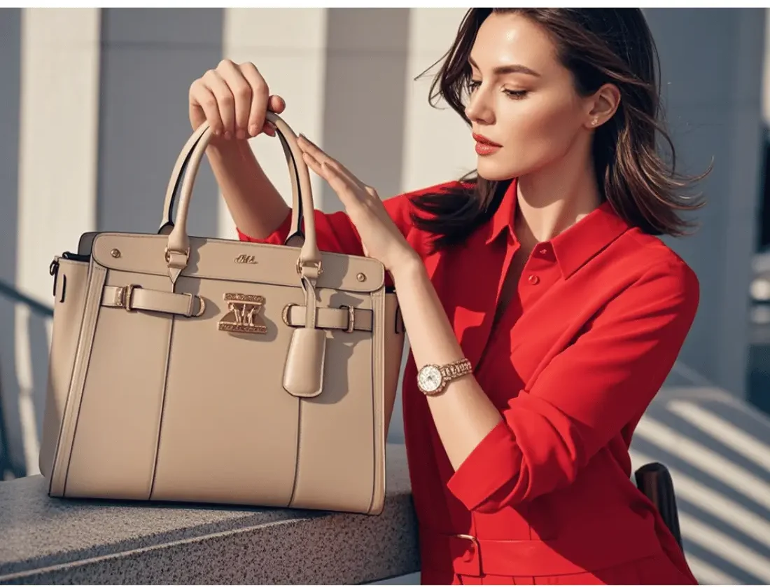 A woman in a red outfit showcasing a beige luxury handbag with fine detailing, exuding sophistication