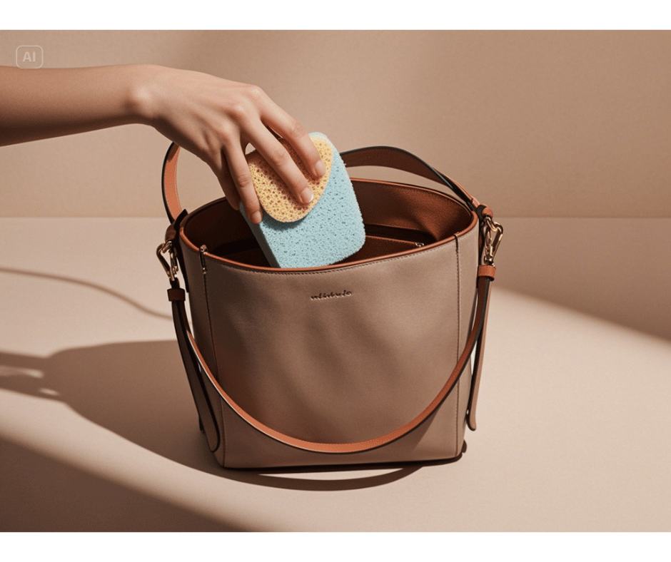 Hand using a sponge to clean the inside of a leather handbag