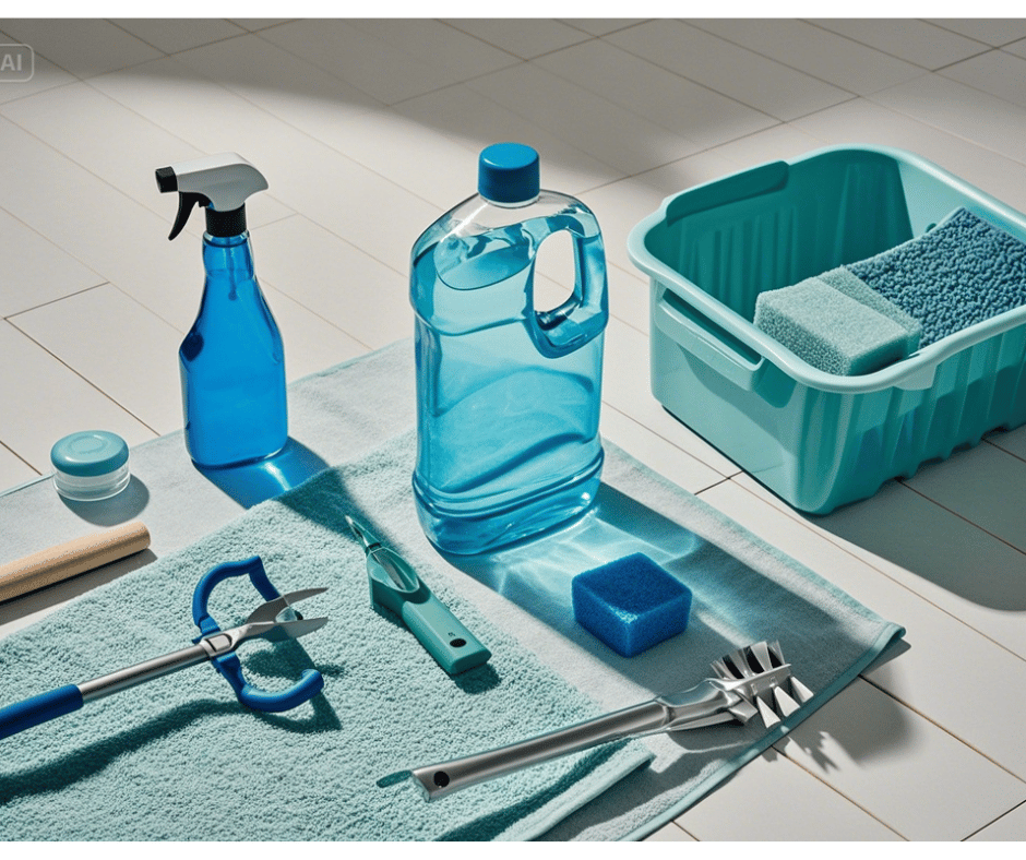 Cleaning supplies including a spray bottle, sponge, and microfiber cloth