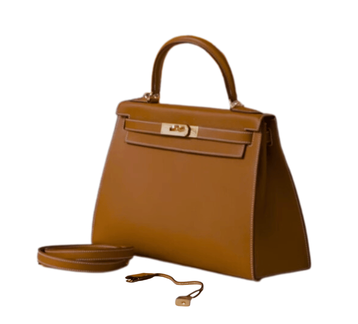 The authentic Hermès Kelly bag comes with high-quality accessories, including a soft leather strap, finely engraved lock, and matching clochette with two keys