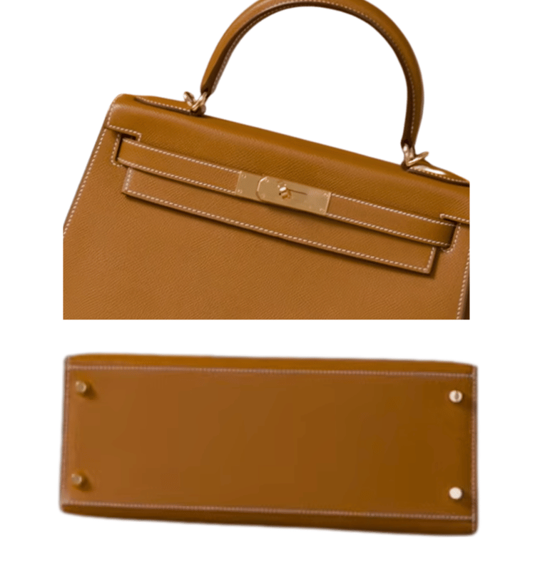 Spot the difference: authentic Hermès Kelly hardware features rounded edges, precise rivets