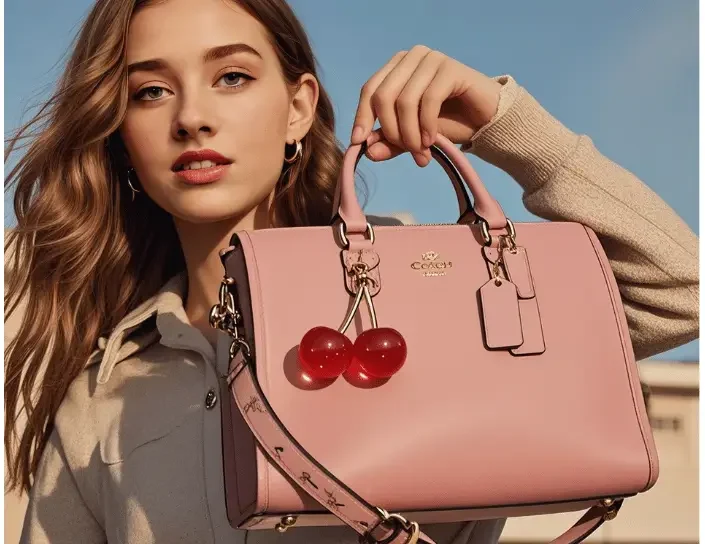 A woman showcasing a pink Coach handbag featuring the Coach 1941 Women's Resin Cherry Bag Charm, enhancing its charm with vibrant resin cherries and brass hardware