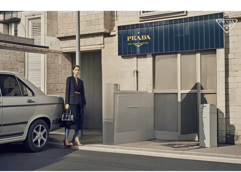 Prada outlet store showcasing a variety of luxury fashion pieces.