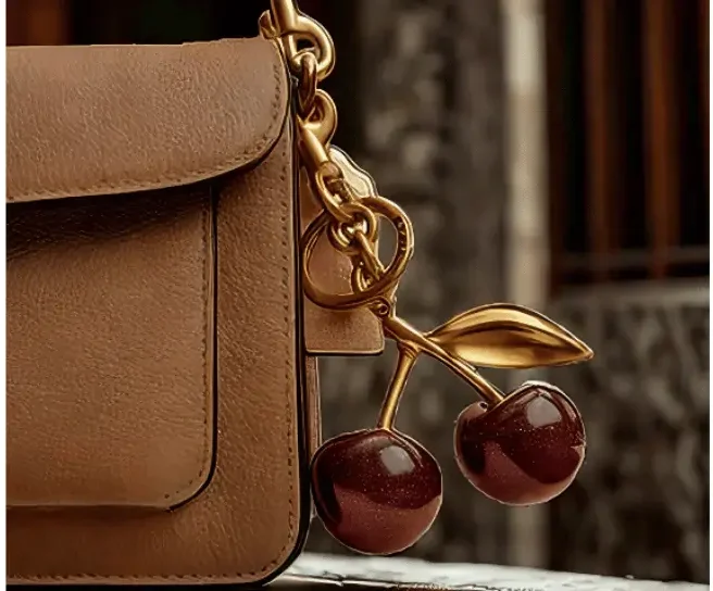 Coach Brown leather bag with the Coach 1941 Women's Resin Cherry Bag Charm attached, featuring gold accents and glittering resin cherries for a sophisticated finish