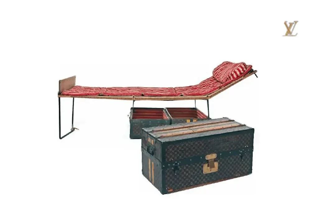 Louis Vuitton's vintage travel trunk and foldable bed redefining luxury travel with style and practicality.