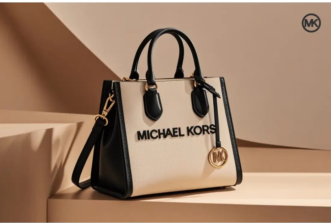 Luxurious Michael Kors tote bag in soft beige leather with gold-tone hardware, featuring a sleek MK logo charm and spacious compartments for everyday elegance.