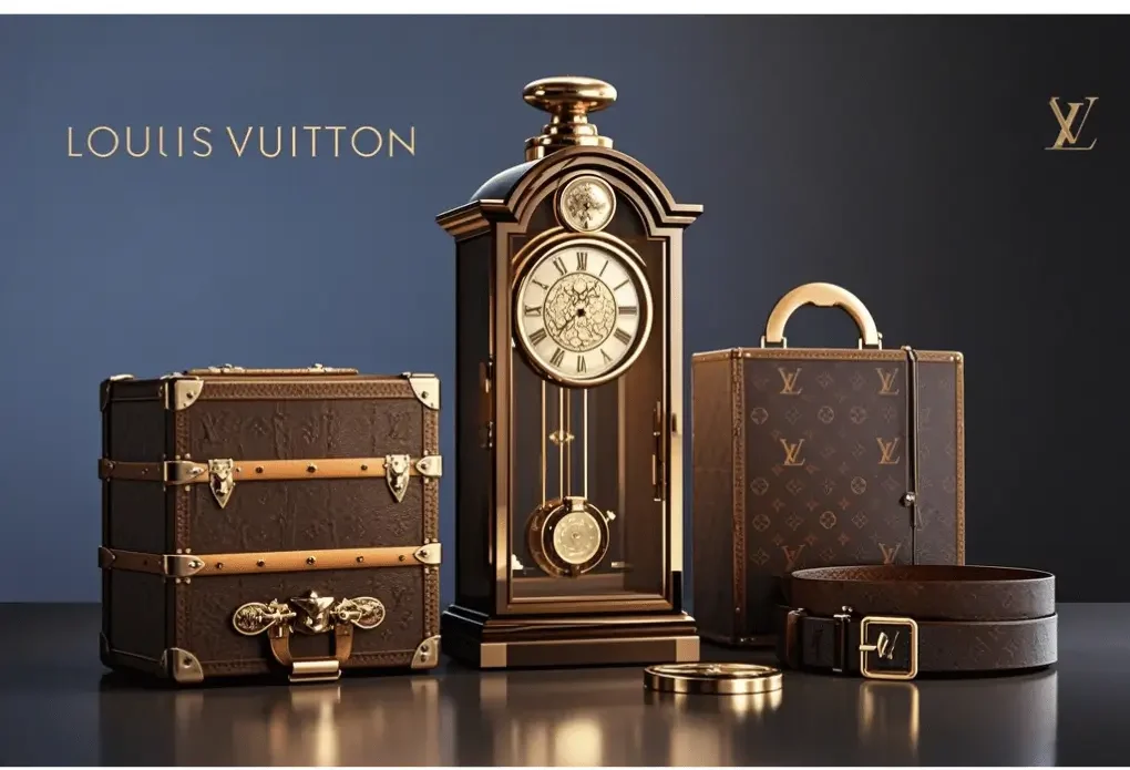 A showcase of Louis Vuitton's exquisite craftsmanship, featuring timeless travel trunks, elegant accessories, and a luxury clock