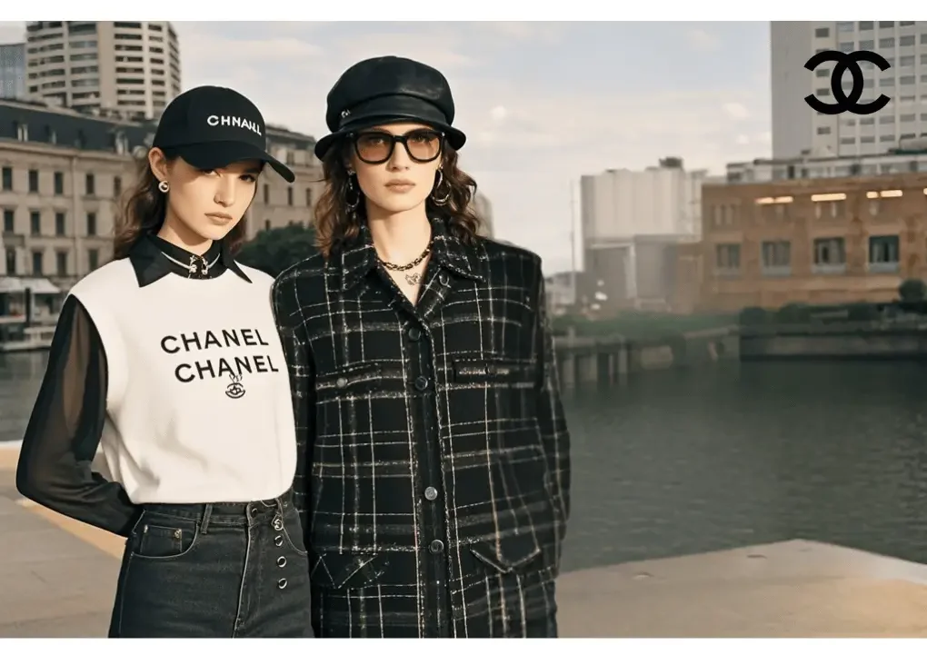 Chanel sports a chic t-shirt and cap, embodying the brand’s timeless blend of casual luxury