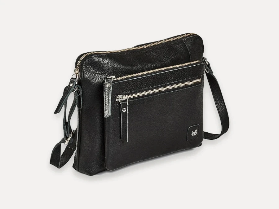 Black nappa pebbled leather sling crossbody bag