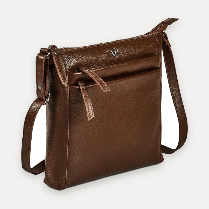 Chocolate brown pebbled nappa leather sling crossbody bag