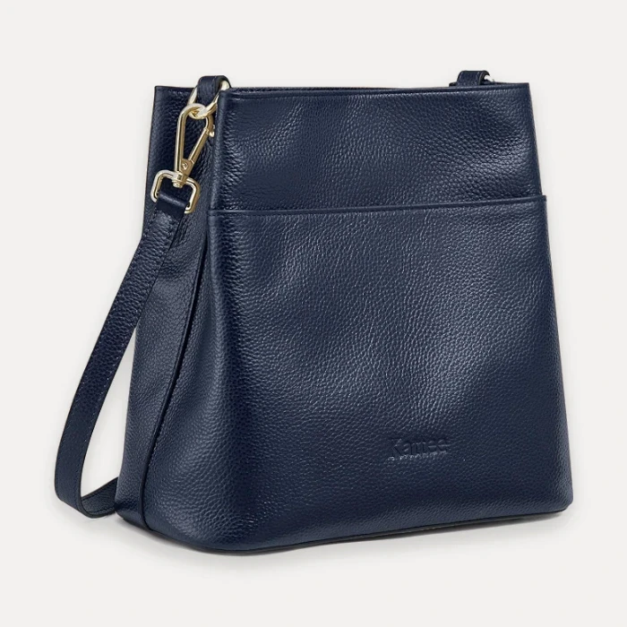 Kattee dark blue leather bucket tote bag
