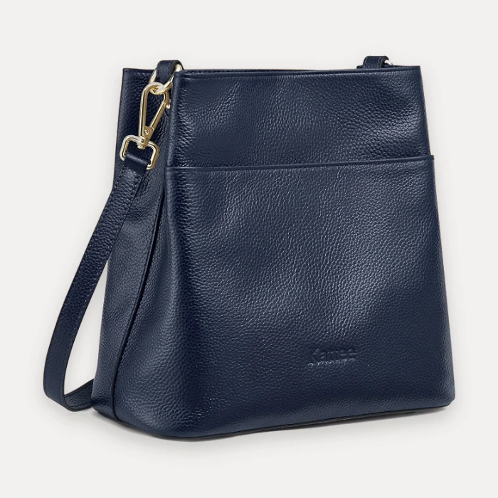 Kattee dark blue leather bucket tote bag, similar style to Tignanello navy handbags