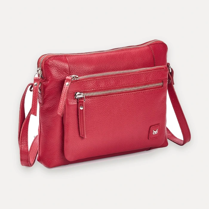 Red pebbled nappa leather sling crossbody bag