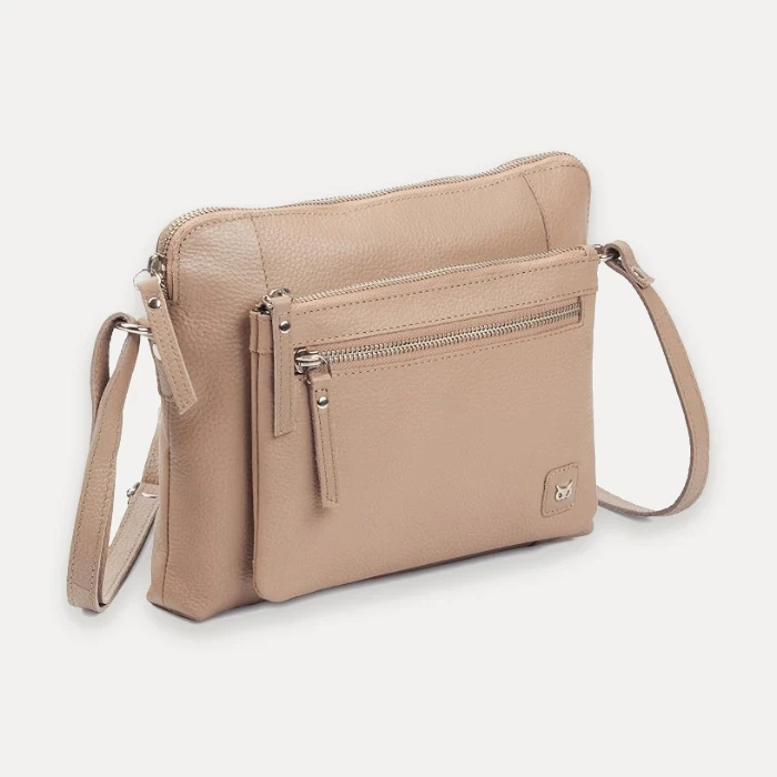 Taupe pebbled nappa leather sling crossbody bag