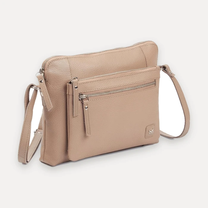 Taupe pebbled nappa leather sling crossbody bag