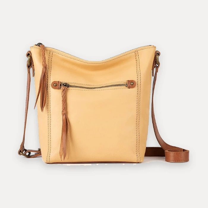 The Sak Ashland yellow leather crossbody purse, a similar style to Tignanello yellow handbags