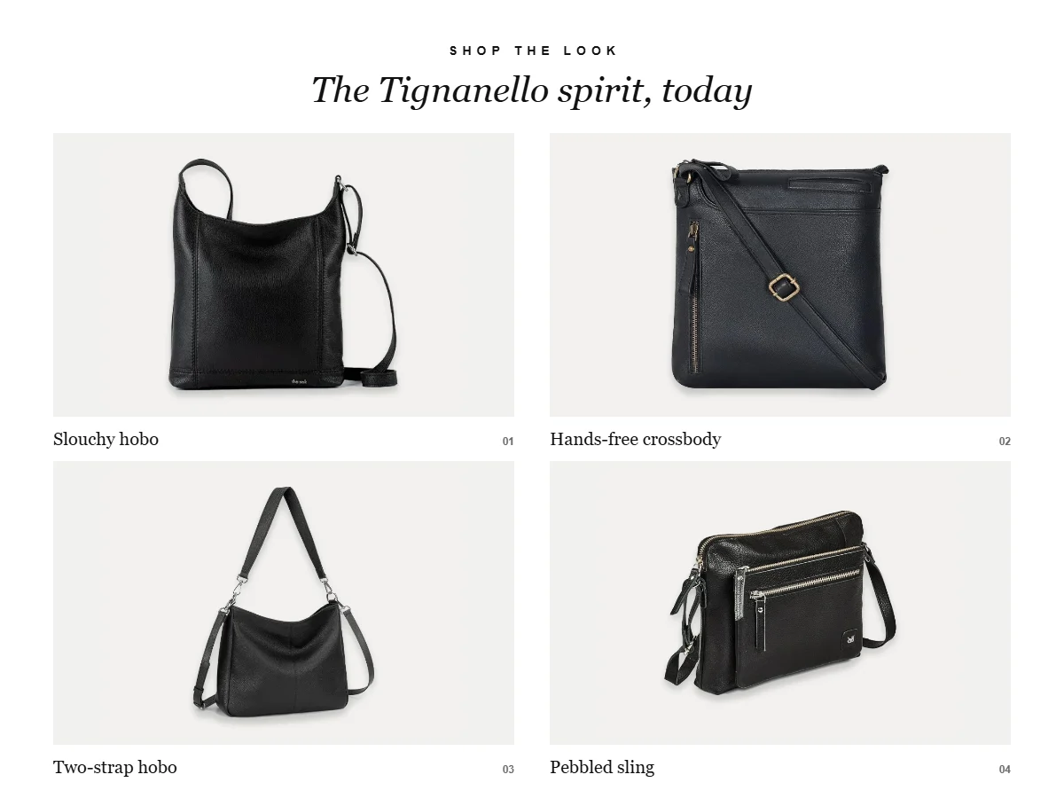 Shop the look: four black leather bags in the Tignanello style, a slouchy hobo, crossbody, two-strap hobo and pebbled sling